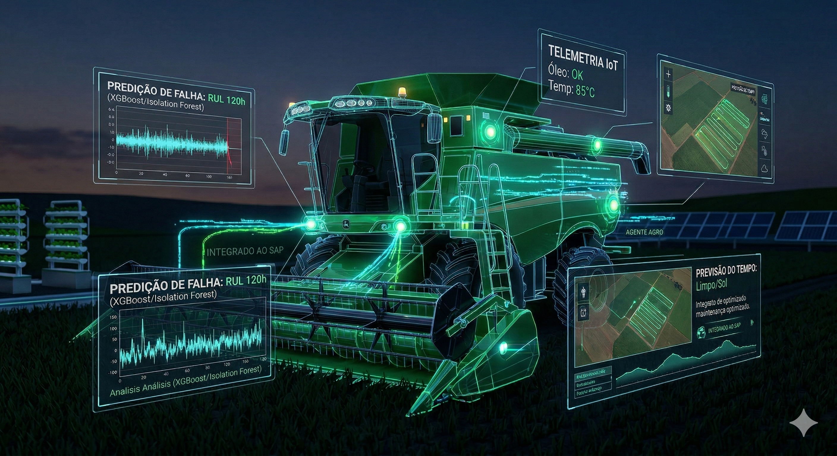 Colheitadeira em wireframe com painel de dados neon representando manutenção preditiva