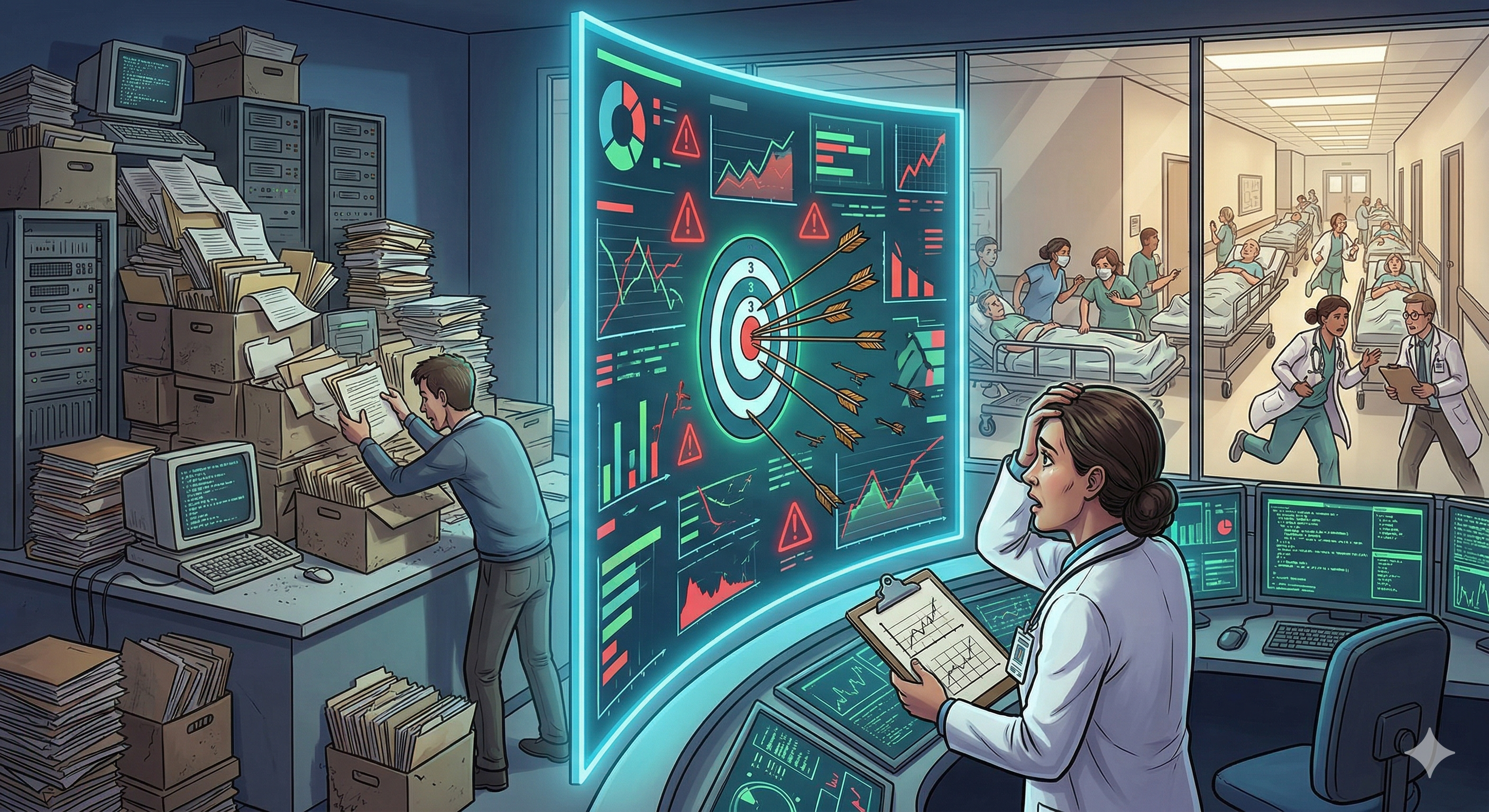 Corredor hospitalar lotado com macas aguardando leitos