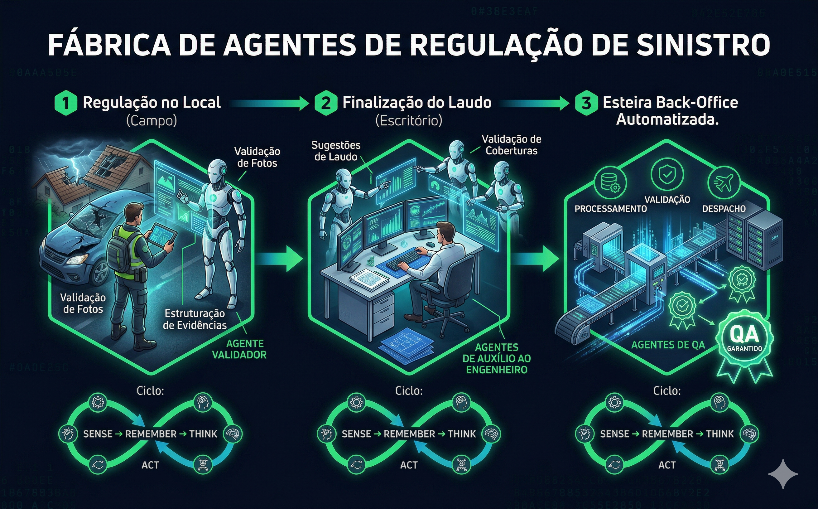 Diagrama da Fábrica de Agentes de Regulação de Sinistro com três fases